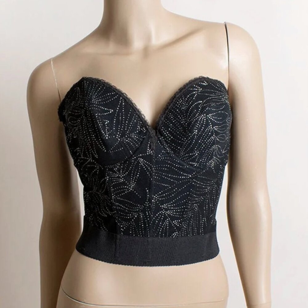 Vintage Black & Silver Bustier Top - Sparkly Metallic Leaf Leaves Print 40C